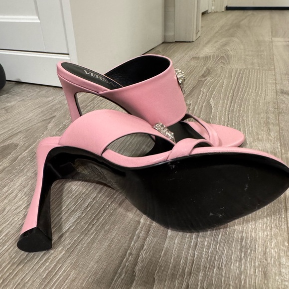 Versace Blush Pink Sandals with Medusa Emblem Heeled Mules - Picture 3 of 4